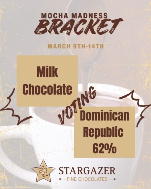 Week 2 of MOCHA MADNESS
Milk Chocolate versus Dominican Republic 62% Dark Chocolate 

Our Milk Chocolate is rich and sweet for a perfect classic taste and our Dominican Republic dark chocolate is dark and rich without any bitterness. Which will be the favorite?!

Don’t drink coffee? No problem! Make it a Hot Chocolate! 

We use the same chocolate for our mochas as we do for our truffles and the taste is insane! 

#mochamadness #marchmadnesschocolate #stargazerfinechocolatesandcoffeebar #denverchocolate #denvermocha
