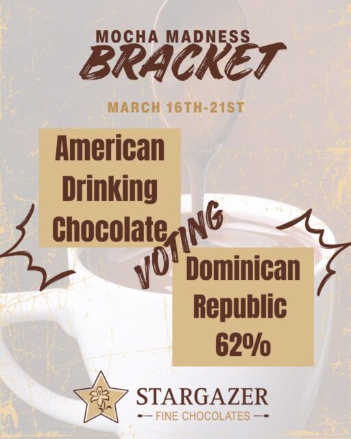 Week 3 of MOCHA MADNESS
American Drinking Chocolate versus Dominican Republic 62% Dark Chocolate 

Our American Drinking Chocolate is decadent with more chocolate than our regular mocha/hot chocolate and our Dominican Republic dark chocolate is dark and rich without any bitterness. Which will be the favorite?!

Don’t drink coffee? No problem! Make it a Hot Chocolate! 

We use the same chocolate for our mochas as we do for our truffles and the taste is insane! 

#mochamadness #marchmadnesschocolate #stargazerfinechocolatesandcoffeebar #denverchocolate #denvermocha