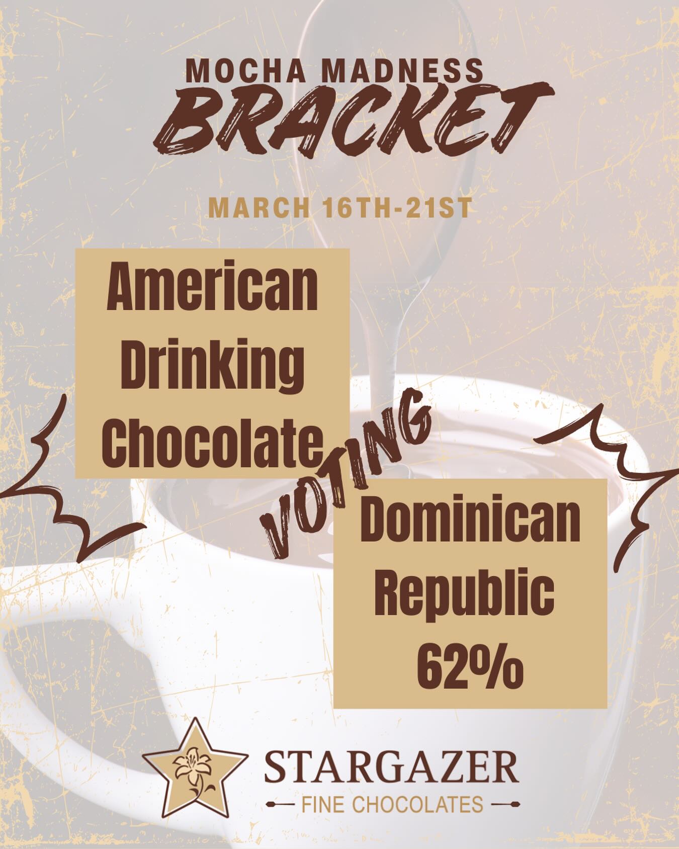 Week 3 of MOCHA MADNESS
American Drinking Chocolate versus Dominican Republic 62% Dark Chocolate 

Our American Drinking Chocolate is decadent with more chocolate than our regular mocha/hot chocolate and our Dominican Republic dark chocolate is dark and rich without any bitterness. Which will be the favorite?!

Don’t drink coffee? No problem! Make it a Hot Chocolate! 

We use the same chocolate for our mochas as we do for our truffles and the taste is insane! 

#mochamadness #marchmadnesschocolate #stargazerfinechocolatesandcoffeebar #denverchocolate #denvermocha