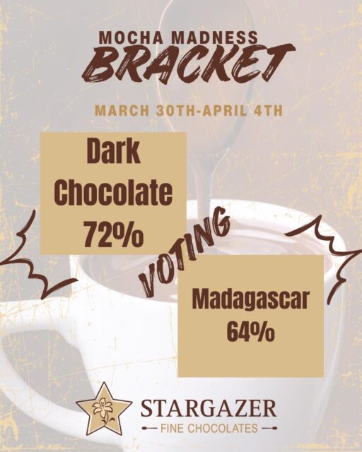 Week 5 of MOCHA MADNESS
Dark Chocolate 72% versus Madagascar 64%

Our Dark Chocolate 72% is our darkest chocolate. It isn’t bitter but smooth and rich and a perfect pair with our @huckleberryroasters espresso. Our Madagascar 64% brings an exotic flavor with red fruit notes making it an adventure in a cup. 
Which will be the favorite?!

Don’t drink coffee? No problem! Make it a Hot Chocolate! 

We use the same chocolate for our mochas as we do for our truffles and the taste is insane! 

#mochamadness #marchmadnesschocolate #stargazerfinechocolatesandcoffeebar #denverchocolate #denvermocha