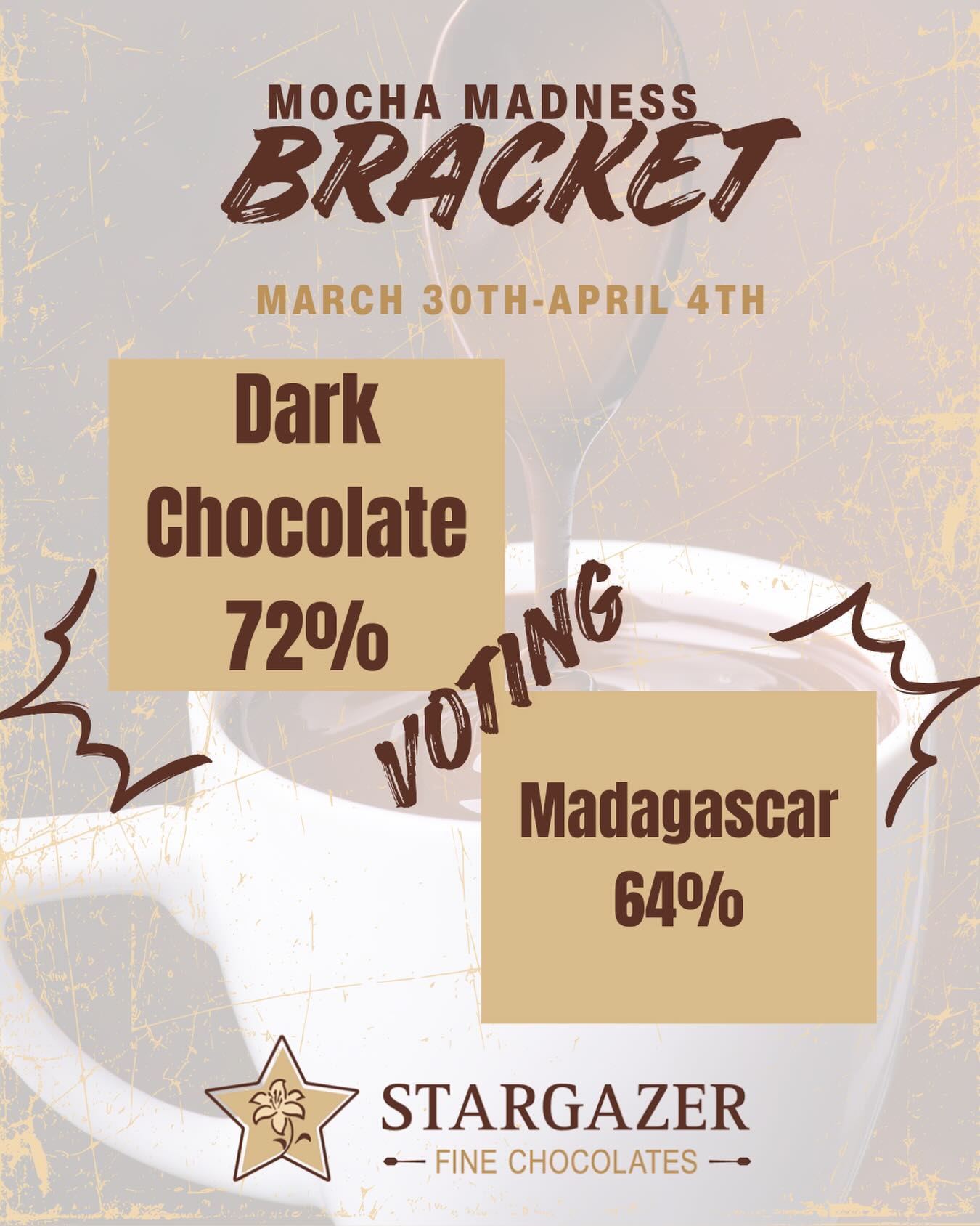 Week 5 of MOCHA MADNESS
Dark Chocolate 72% versus Madagascar 64%

Our Dark Chocolate 72% is our darkest chocolate. It isn’t bitter but smooth and rich and a perfect pair with our @huckleberryroasters espresso. Our Madagascar 64% brings an exotic flavor with red fruit notes making it an adventure in a cup. 
Which will be the favorite?!

Don’t drink coffee? No problem! Make it a Hot Chocolate! 

We use the same chocolate for our mochas as we do for our truffles and the taste is insane! 

#mochamadness #marchmadnesschocolate #stargazerfinechocolatesandcoffeebar #denverchocolate #denvermocha