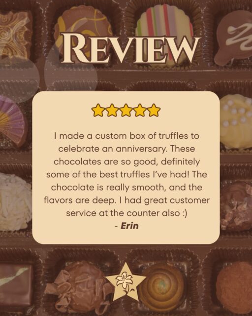 Thank you Erin for your kind review! 

#denversmallbusiness #stargazerfinechocolatesandcoffeebar #familyownedbusiness #artisanchocolate #denverchocolate