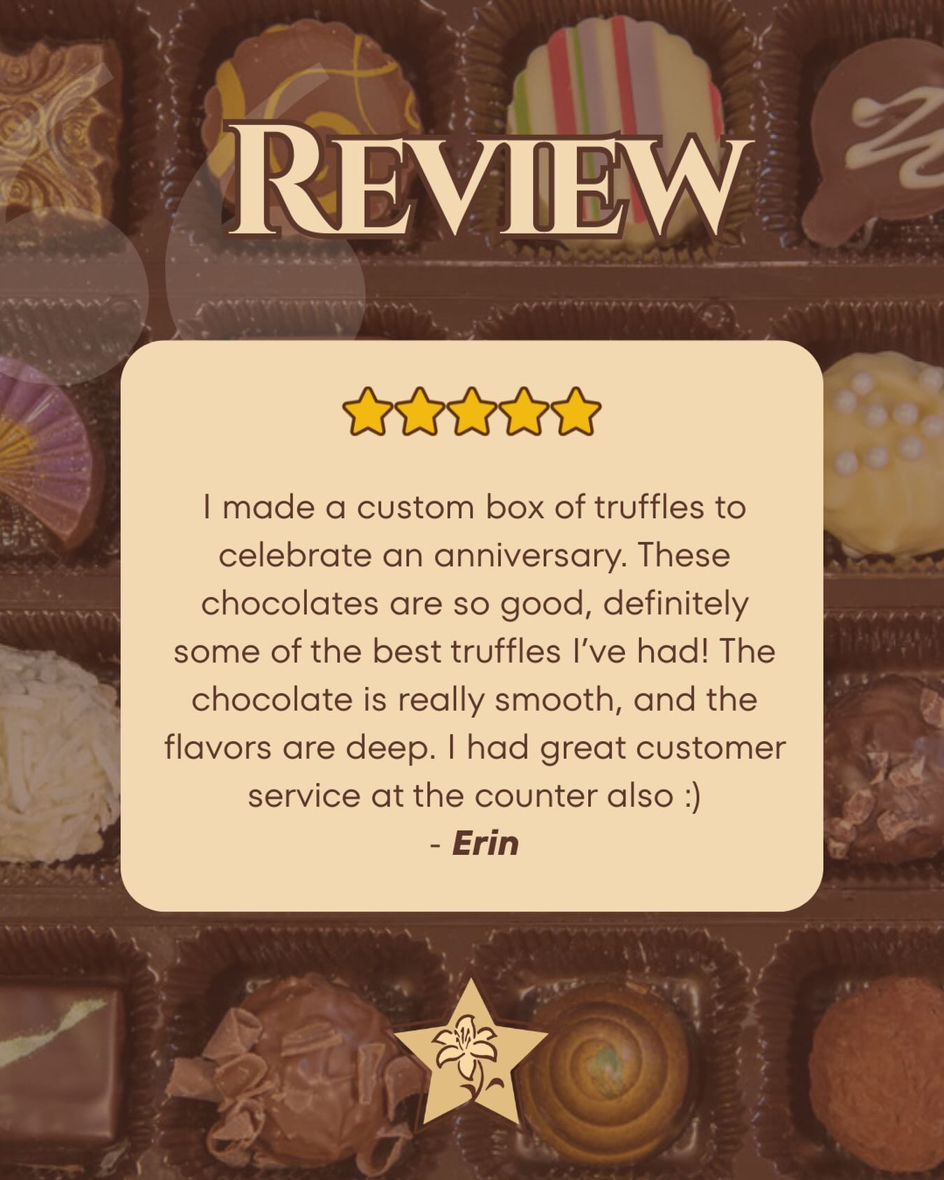 Thank you Erin for your kind review! 

#denversmallbusiness #stargazerfinechocolatesandcoffeebar #familyownedbusiness #artisanchocolate #denverchocolate