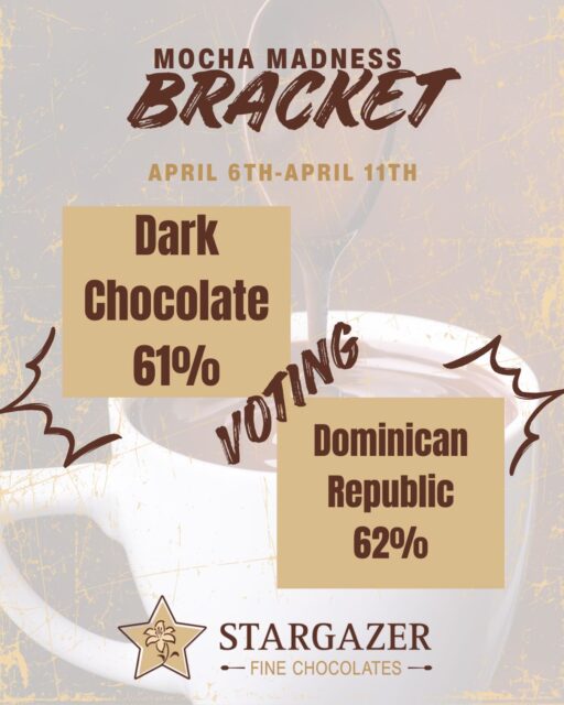 FINAL WEEK of MOCHA MADNESS
Dark Chocolate 61% versus Dominican Republic 62%
We do not expect to see two dark chocolates battling it out! Which will you pick?
Our Dark Chocolate 61% a smooth and rich dark chocolate without any of the bitterness one might expect and a perfect pair with our @huckleberryroasters espresso. Our Dominican Republic 62% brings an exotic flavor with a deep rich dark flavor making it an adventure in a cup.
Which will be the favorite?!
Don’t drink coffee? No problem! Make it a Hot Chocolate!
We use the same chocolate for our mochas as we do for our truffles and the taste is insane!
#mochamadness #marchmadnesschocolate #stargazerfinechocolatesandcoffeebar #denverchocolate #denvermocha