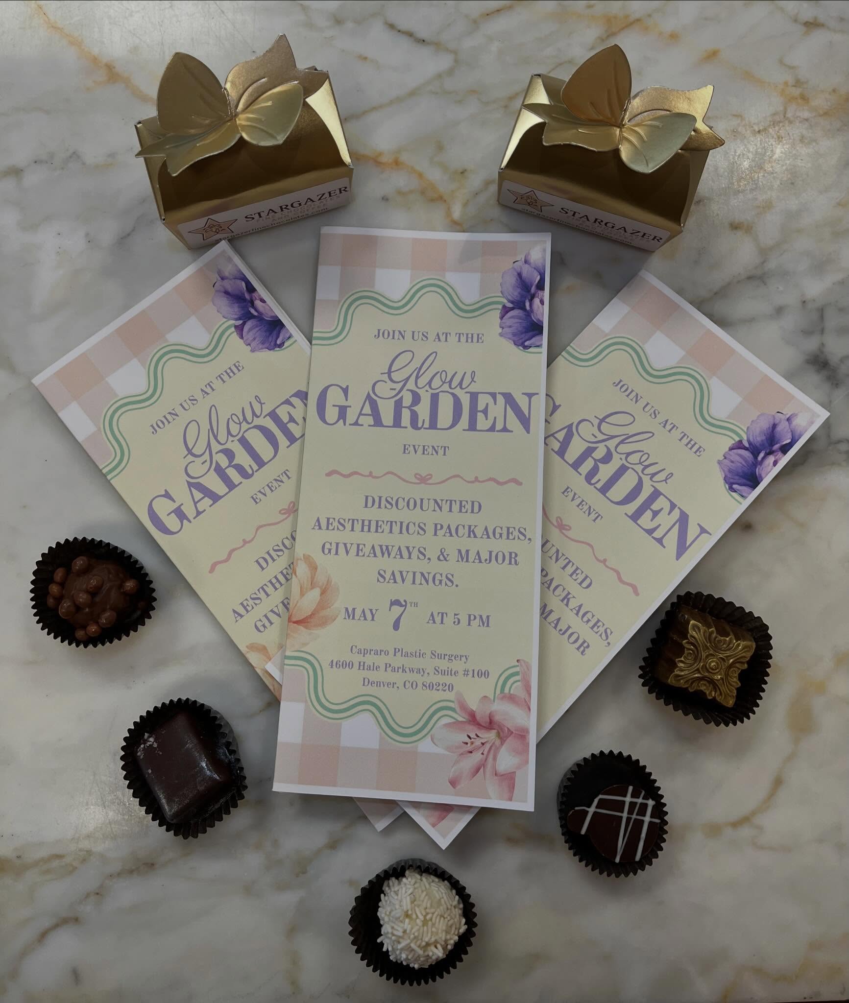 How to elevate your event? Add artisan chocolates from Stargazer Fine Chocolates of course!

That’s what @capraroplasticsurgery is doing for their Glow Garden Event in May! 

Reach out to us at (303) 394-4000 or email pauline@stargazerfinechocolates.com to collaborate on the perfect set us! 

#customchocolates #stargazerfinechocolatesandcoffeebar #artisanchocolate #denverchocolate #elevateyourbrand