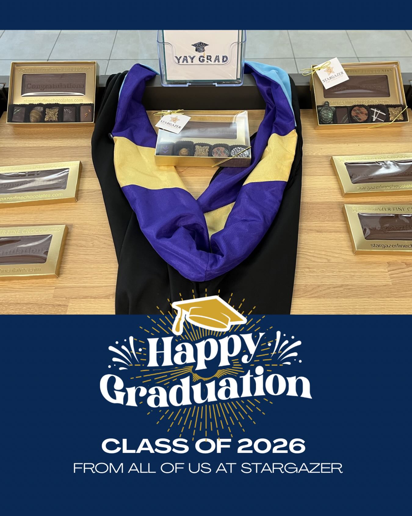 🎉 Congratulations to the Class of 2026! 🎉
We have some delicious “Congratulations” chocolate bars and truffles to treat the grads in your life. 
We also carry @lanasshop’s beautiful greeting cards to round out your gifts. 

#graduation2026 #stargazerfinechocolatesandcoffeebar #denversmallbusiness #denverchocolate #denverfamilybusiness