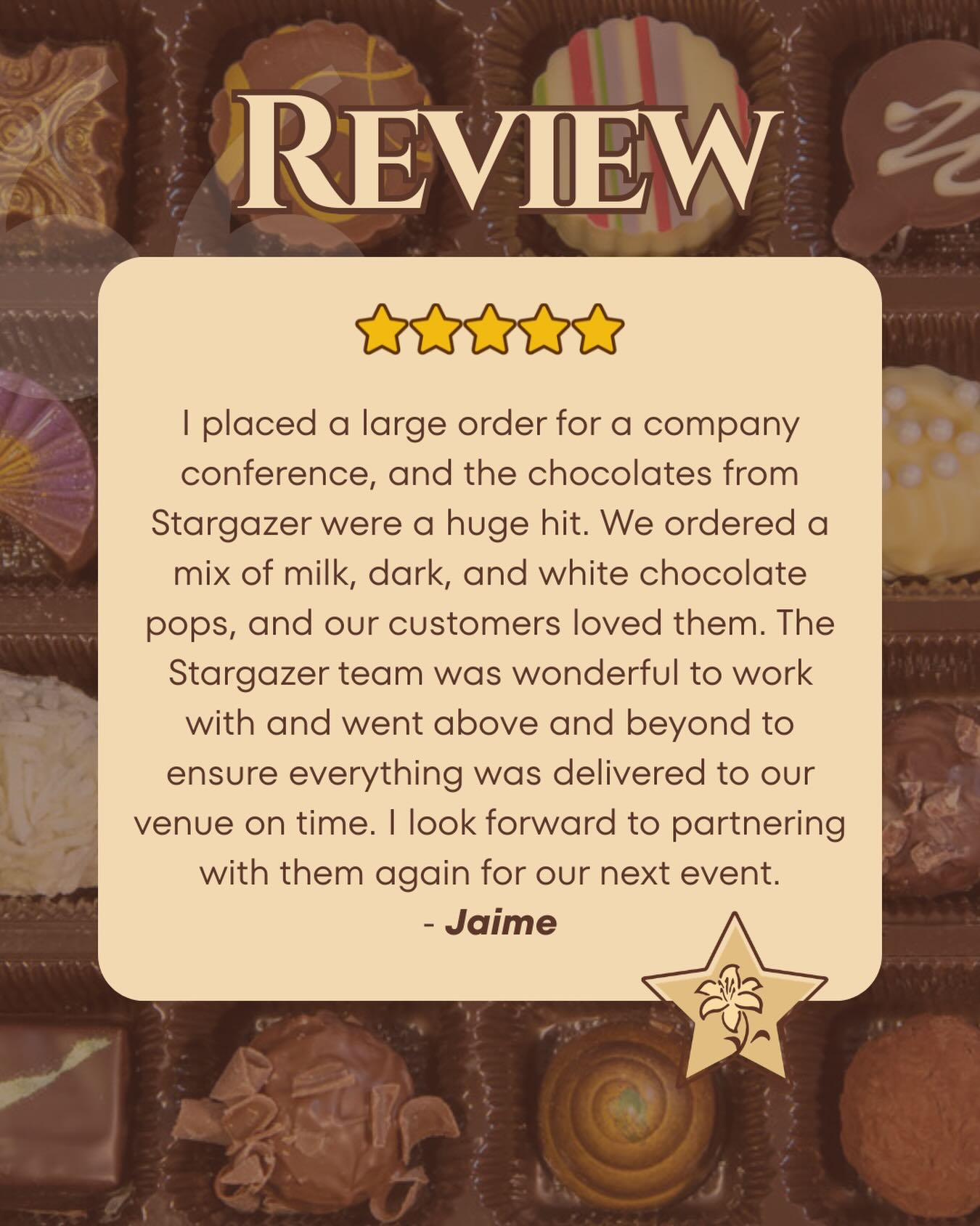 Thank you, Jaime! It was a joy to work with you!
Contact us for your event needs!
#review #stargazerfinechocolatesandcoffeebar #denverchocolate #smallbusiness #famikybusiness