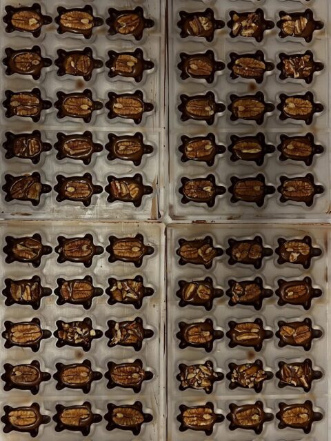 ✨ Truffle Feature ✨ The Turtle 🐢 
Our cute and crunchy little turtles are filled with rich house-made caramel, half a walnut, and the whole wrapped in smooth dark chocolate. The final touch of edible green luster, makes them look ready to scamper off to adventures! 

Have you had our turtle? 

#stargazerfinechocolatesandcoffeebar #turtle #turtletruffle #denverchocolate #familybusinessdenver