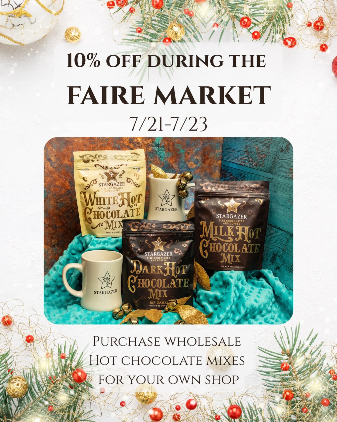 Christmas in July!
We are excited to participate in the FAIRE Market from July 21 to July 23. Shop our Hot Chocolate Mixes and receive a 10% discount through FAIRE. They are the perfect addition to any coffee shop, gift shop, or for your home!
Be sure to stock up for the Fall and Winter now! *Link in Bio*
#faire #fairemarket #hotchocolate #hotchocolatemix #stargazerfinechocolates